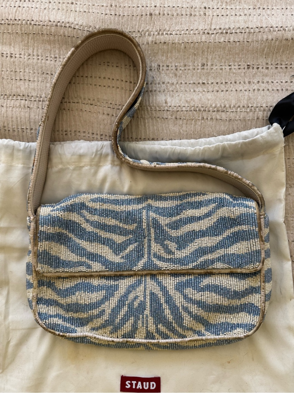 STAUD Tommy Zebra Baby Blue/White Beaded Shoulder Bag